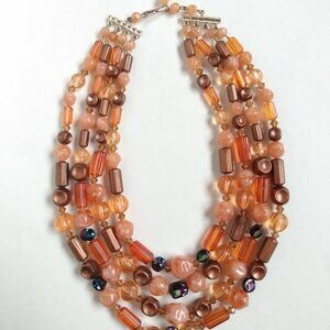Vintage Multi 4 Strand Chunky Lucite Bead Necklace W Germany Amber Rust Gold 16"